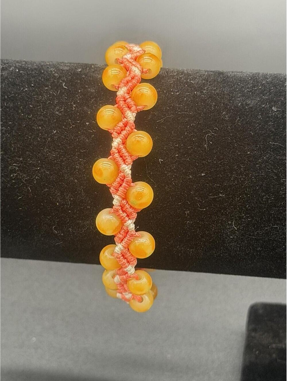 🧡 Adjustable Macramé Beaded Bracelet Orange Cord & Amber Beads